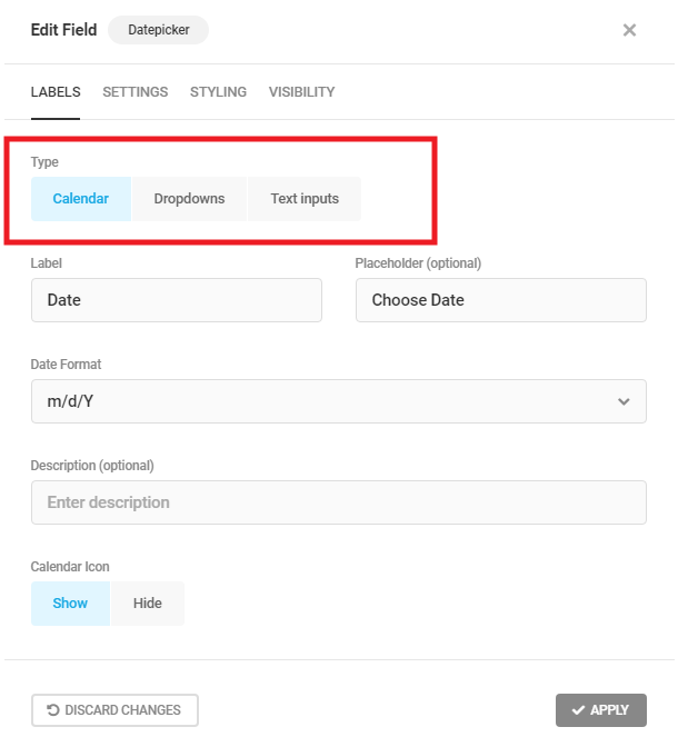 Select calendar format in a Forminator Datepicker field
