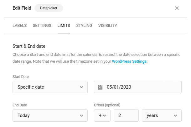 Set start and end dates in Forminator Datepicker field
