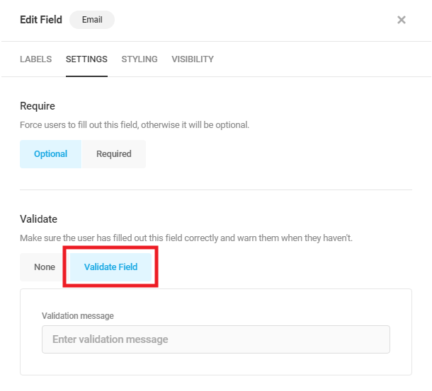 Edit Email field settings in Forminator