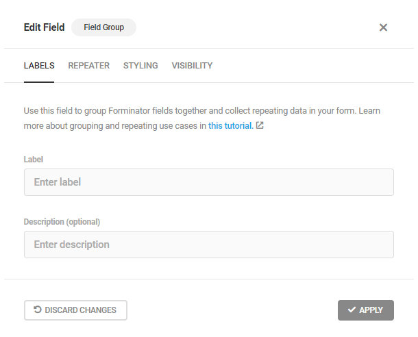 Edit labels in Forminator Field Group