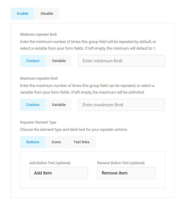 Configure Repeater option in Forminator Field Group