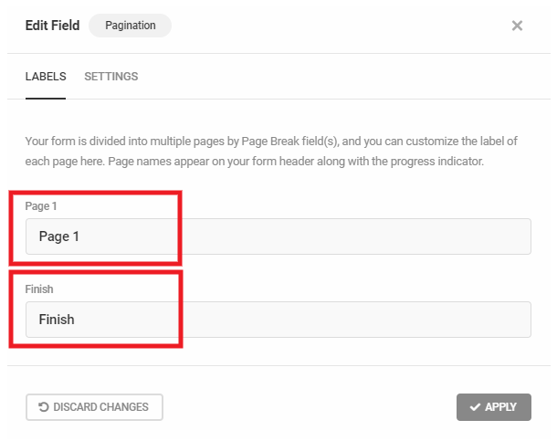 Pagination labels when page breaks used in a Forminator form