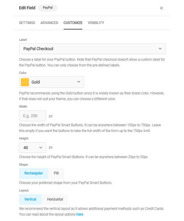 Customize payment buttons in Forminator PayPal field