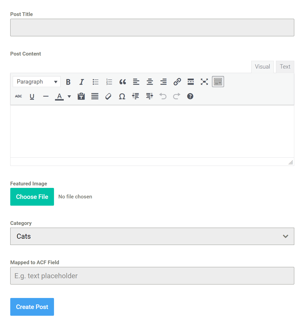 Example of post form created with Forminator Post Data field