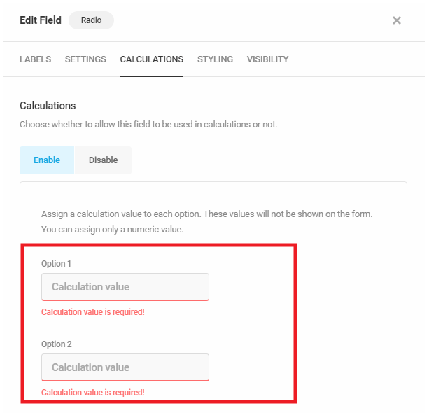 Enable option in a Forminator Radio field to use in calculations