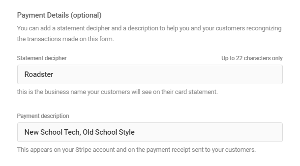 Edit payment details in Forminator Stripe field