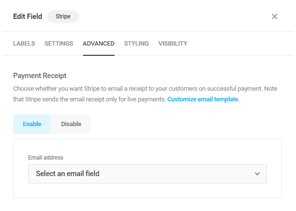 Enable payment receipt in Forminator Stripe field