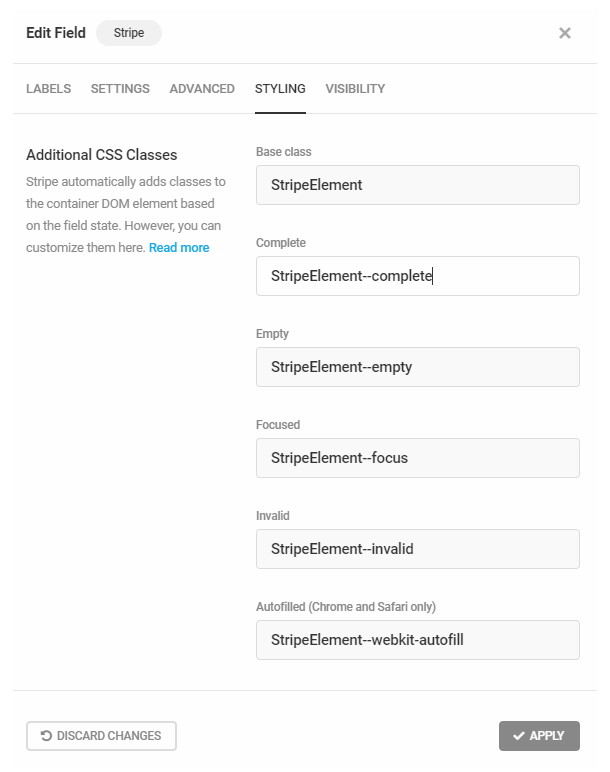 Edit Stripe CSS classes in Forminator Stripe field