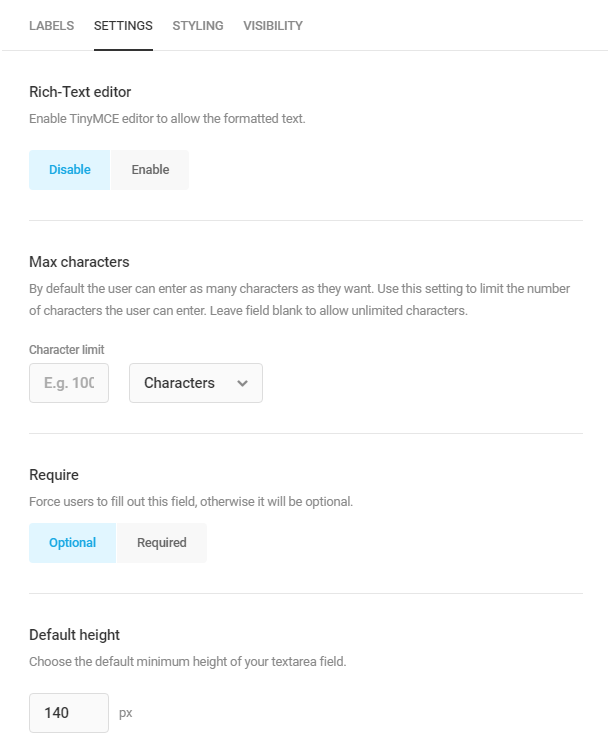 Edit Textarea field settings in Forminator
