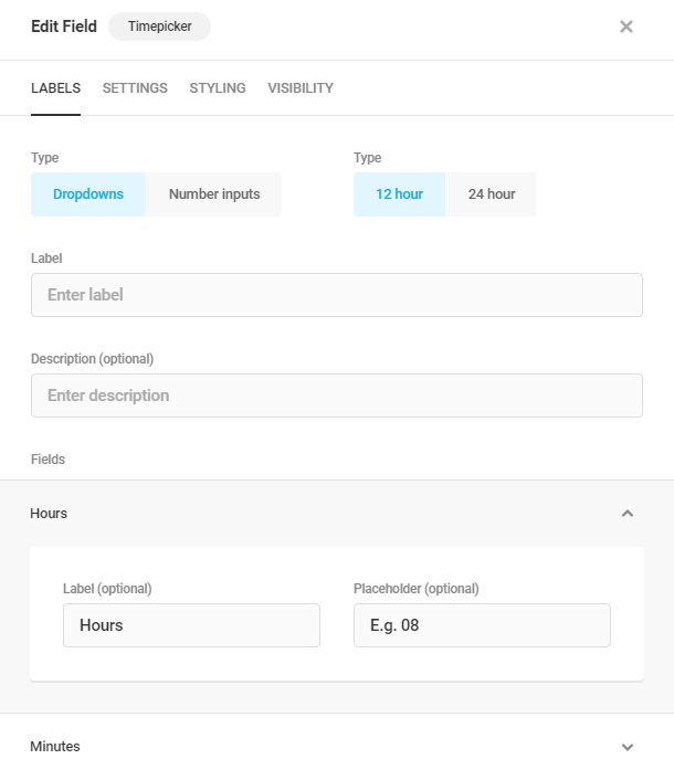 Adjust format and labels in a Forminator Timepicker field