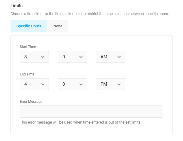 Set start and end times in a Forminator Timepicker field