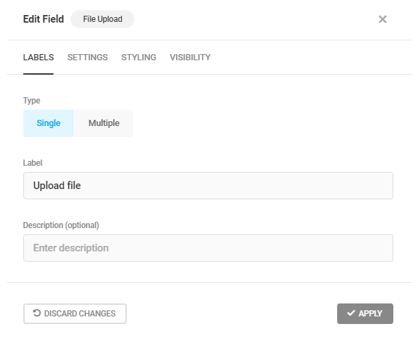 Adjust upload type and labels in a Forminator File Upload field
