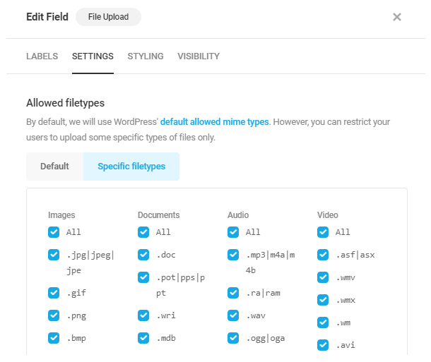 Adjust allowed file types in a Forminator File Upload field
