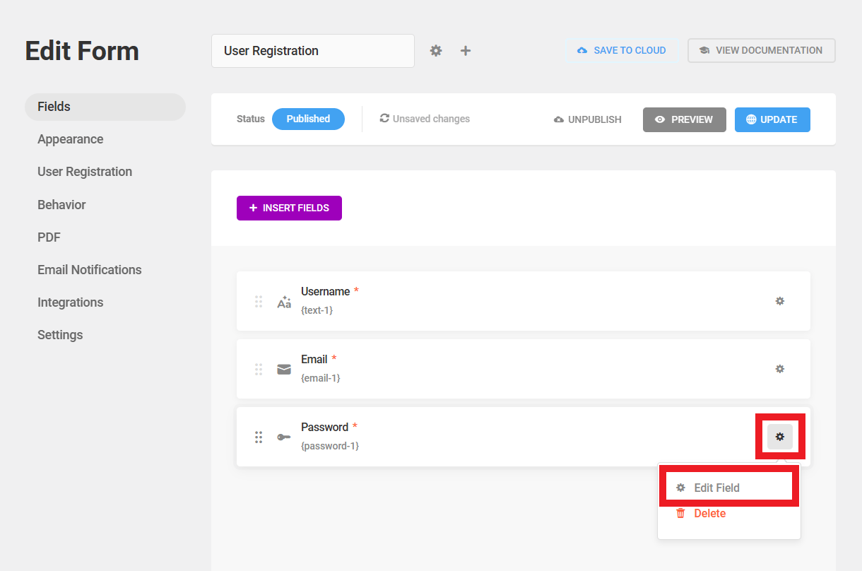 Edit password field in Forminator registration form