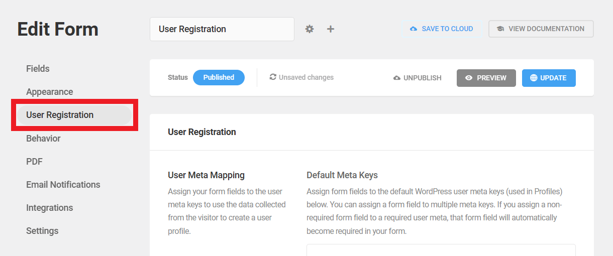 User registration options in a Forminator registration form