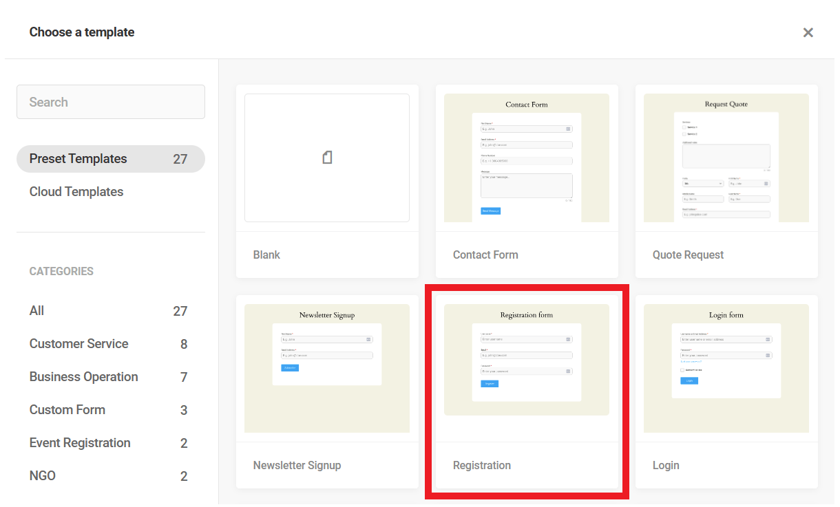 Select template to create a custom registration form in Forminator