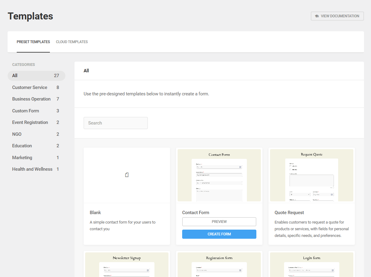 Available form templates in Forminator