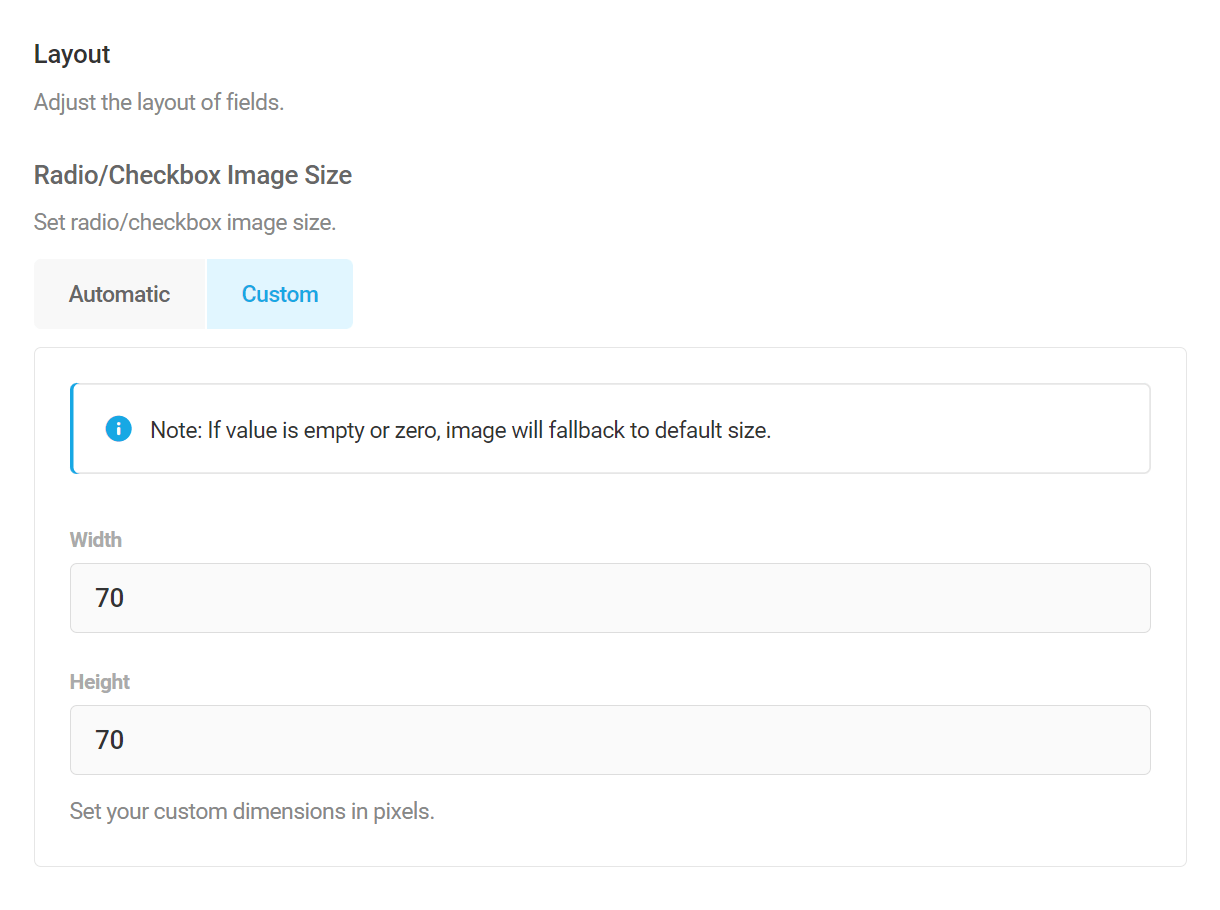 Set image size for radio and checkbox fields in Forminator