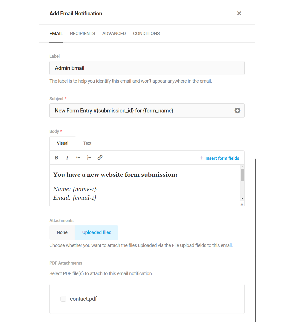 Edit email notification in Forminator form