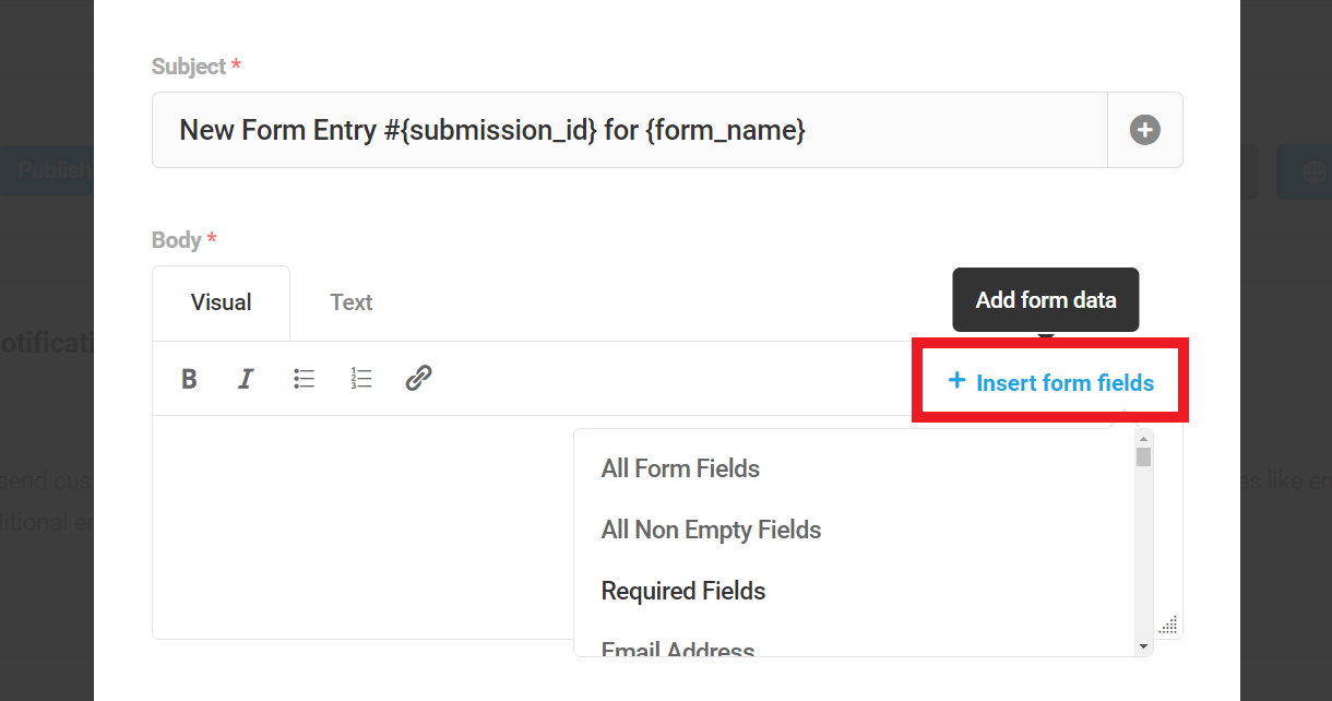 Insert merge tag in form