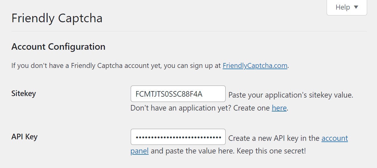 Friendly Captcha settings in wp-admin