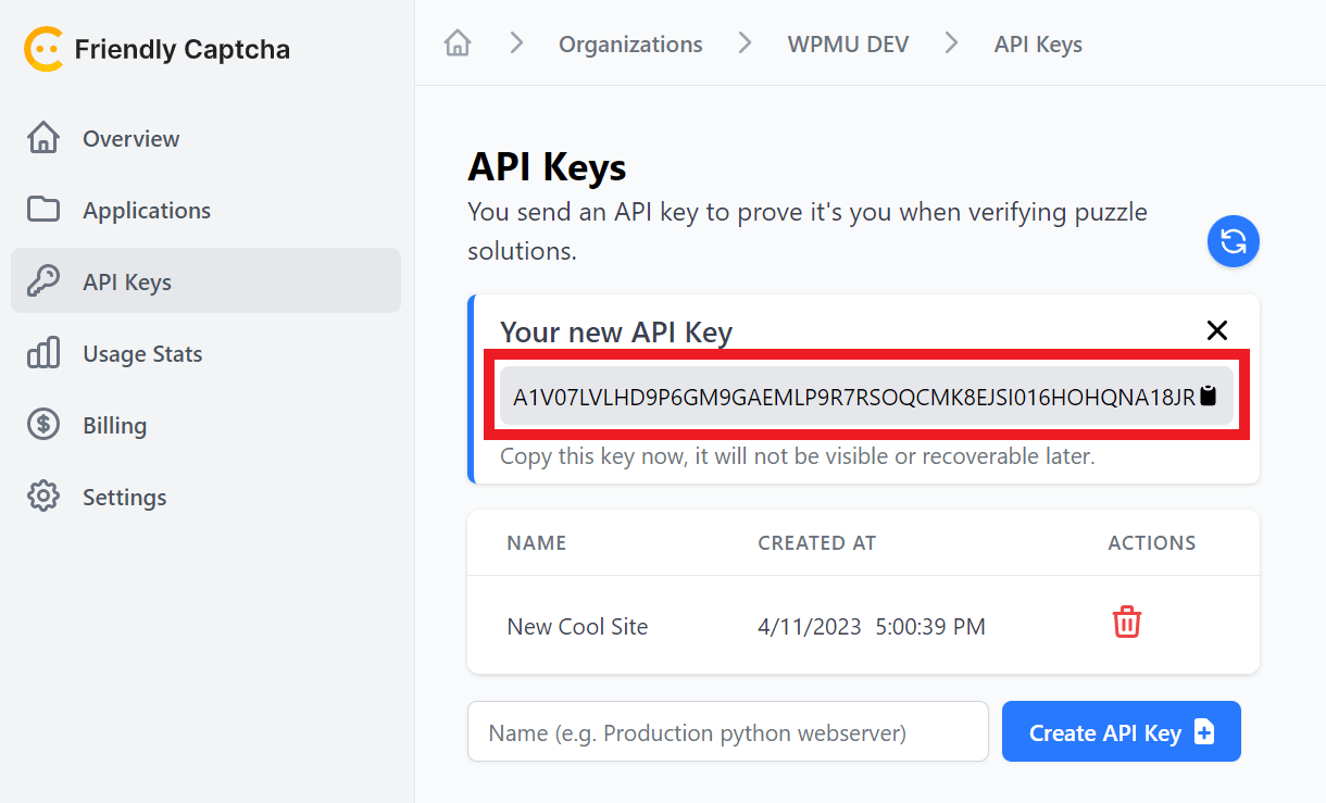 Copy the Friendly Captcha API key