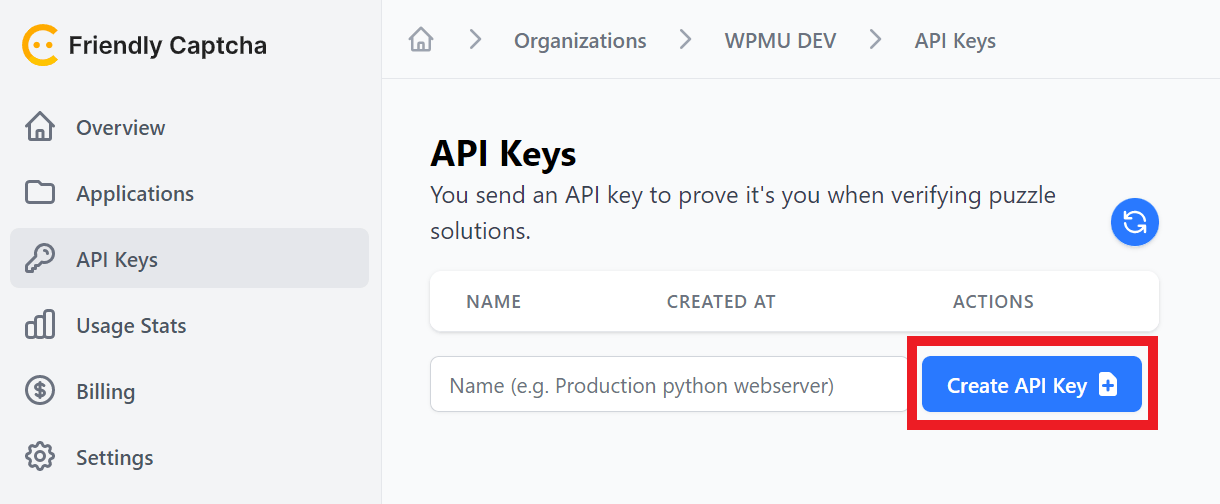 Create an API key at Friendly Captcha