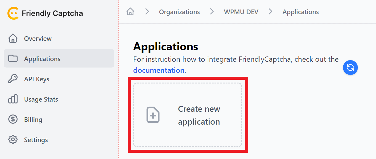 Create a site application at Friendly Captcha