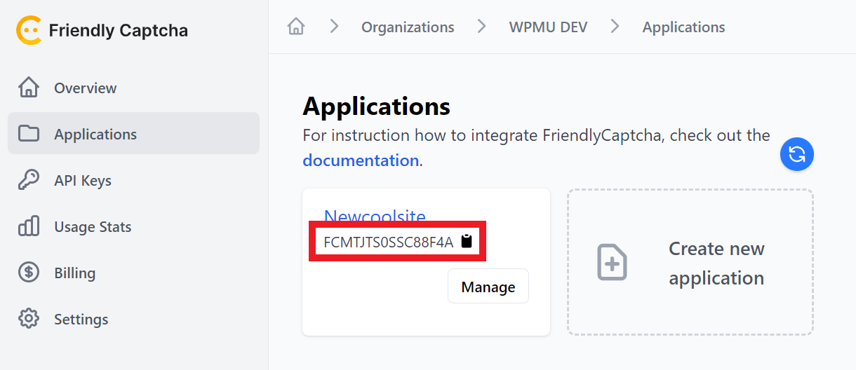 Copy the Friendly Captcha application key