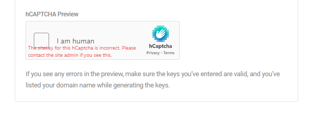 Incorrect hCAPTCHA setup warning