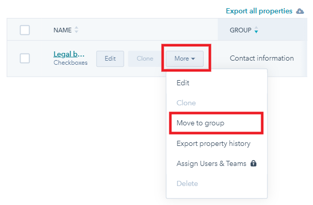Move property to group in Hubspot
