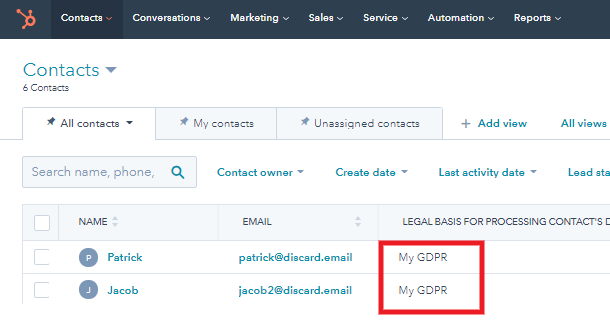 Custom GDPR entry in Hubspot list