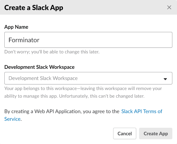 Create app in Slack for integration in Forminator