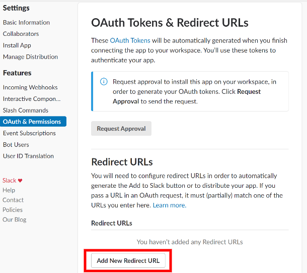 Enter redirect URL at Slack for integration in Forminator