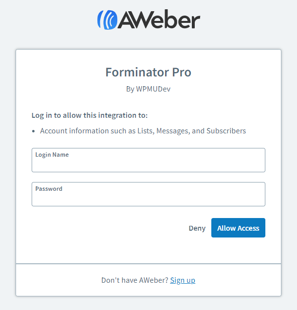 Log into Aweber for integration in Forminator