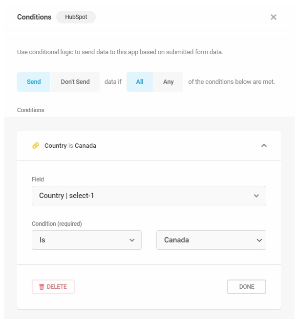 Example of sending data conditionally to 3rd-party apps in Forminator