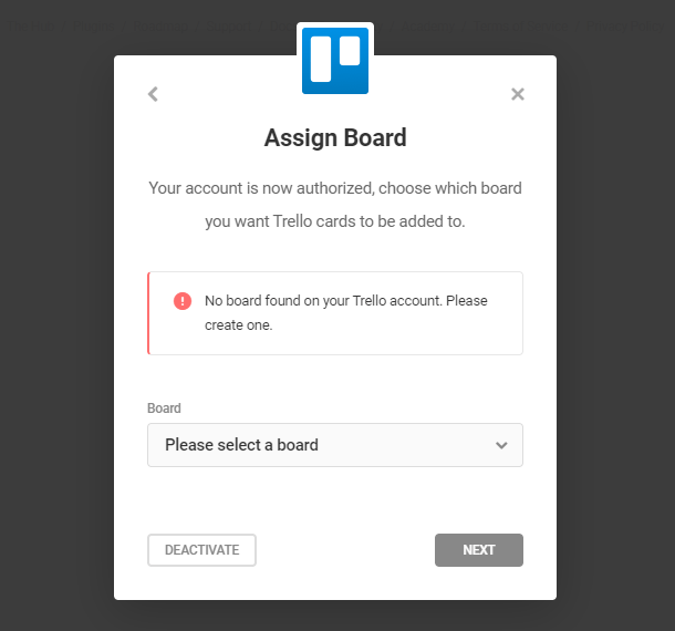 Select Trello board for integration in Forminator