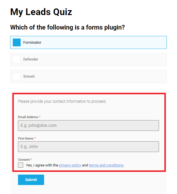 Leads quiz example