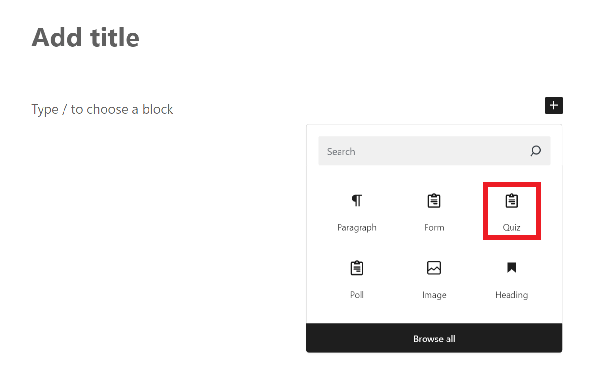 Adding a quiz in the Gutenberg post editor