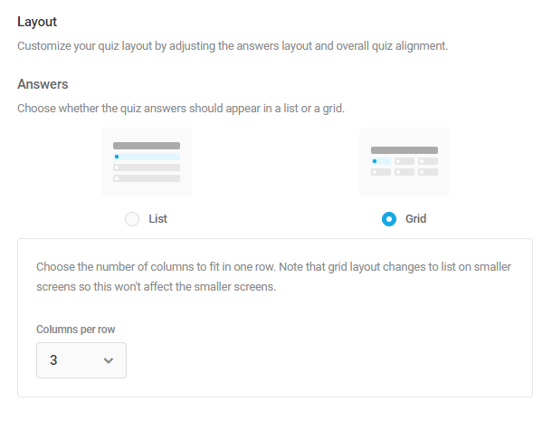 Customize layout options in Forminator quiz