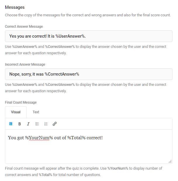 Customize messages in a Forminator quiz