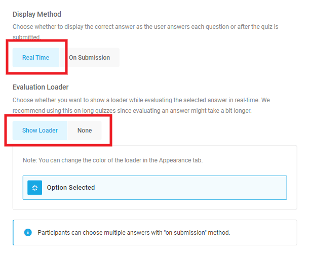 Option to display quiz answers in real time