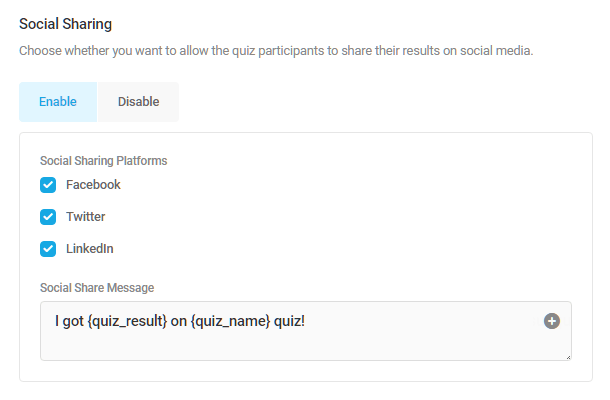 Enable social sharing in a Forminator quiz