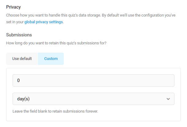 Set data storage duration in Forminator quiz