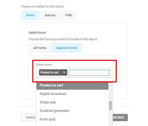 Select forms to include in a Forminator report
