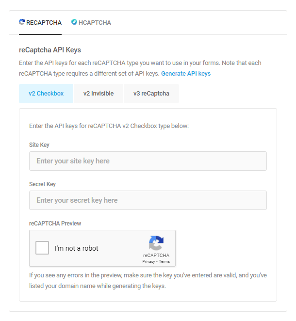 Captcha options in Forminator
