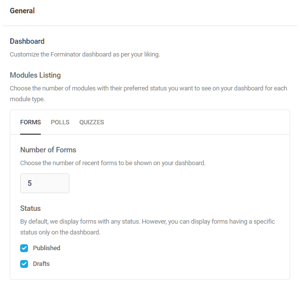 Set the number of each module to display on Forminator dashboard screen