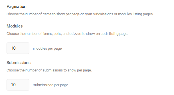 Set the number of each module to display per page in Forminator listings
