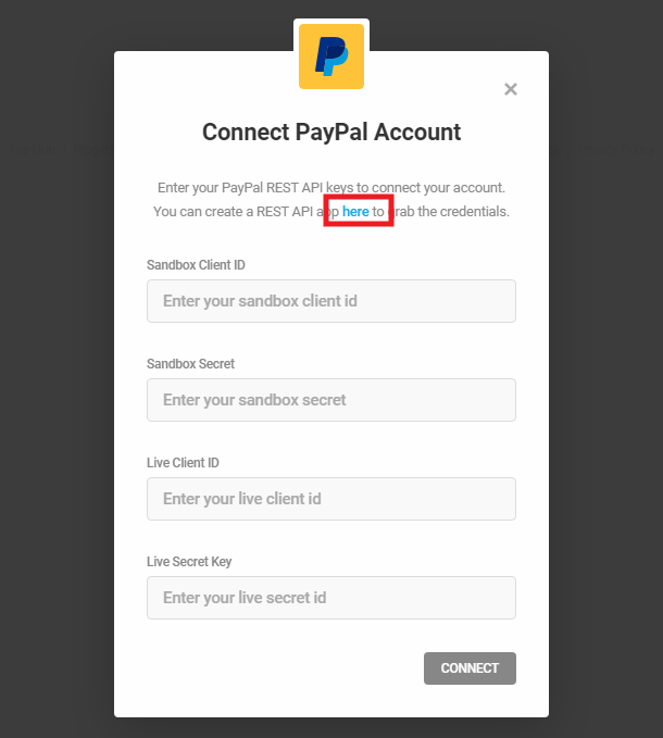Enter PayPal API keys to connect with Forminator