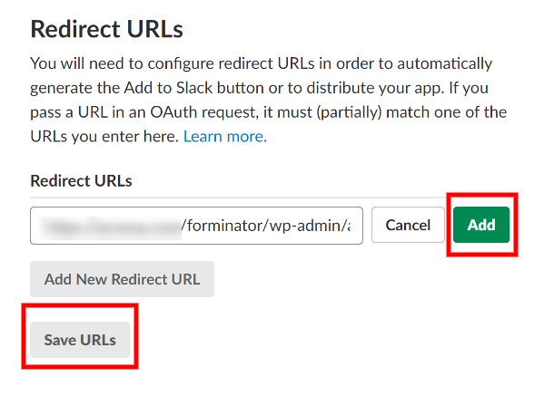 Save redirect URL at Slack for integration in Forminator